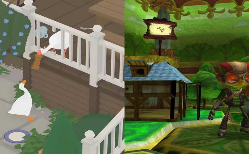 A combined image of gameplay from the Untitled Goose Game and Psychonauts